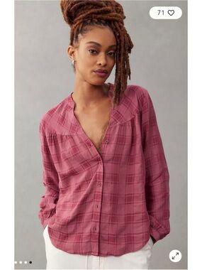CLOTH & STONE Pink Plaid Button Front Balloon Sleeve Blouse Size M